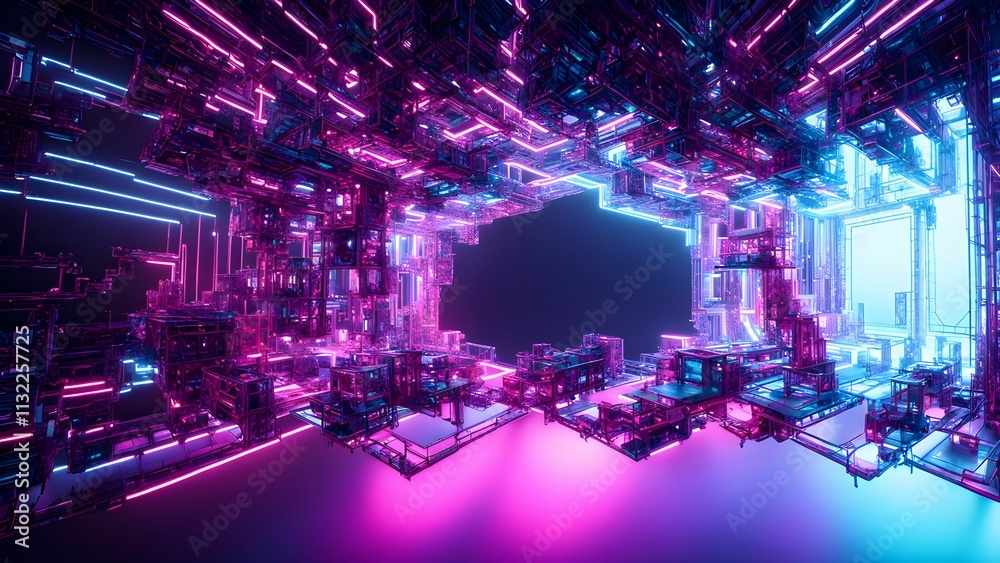 Fototapeta premium A futuristic digital landscape with vibrant neon colors and intricate geometric structures.
