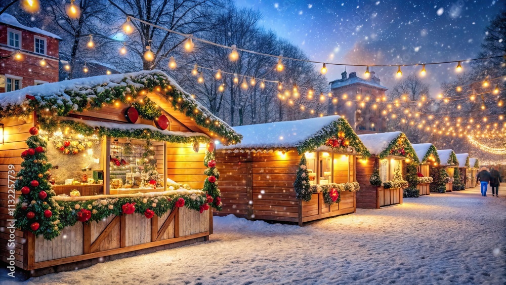 Fototapeta premium Festive winter market scene with decorated stalls and snowfall, winter, market, Christmas, holiday, festive, decorations