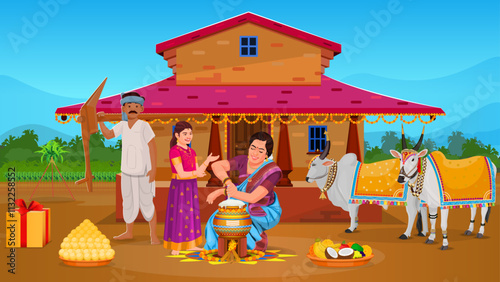 Happy Pongal Harvest Festival of Tamil Nadu Family making Pongal