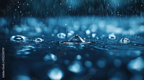 Close-up of raindrops creating ripples in dark blue water, evoking a calm and serene atmosphere.