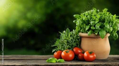 Harvesting fresh basil and tomatoes in a lush garden aesthetic food photography nature's bounty vibrant greenery photo