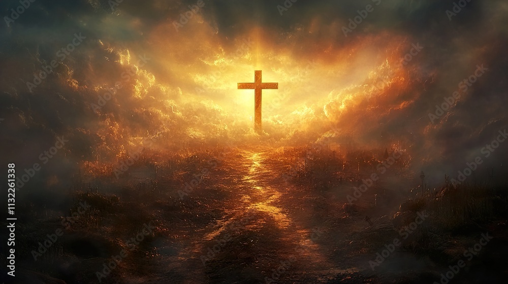 Fototapeta premium Glowing Cross in Dramatic Heaven: A Spiritual Journey