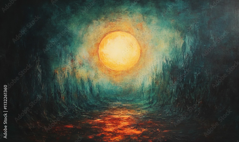 Fototapeta premium Dark landscape, glowing orb, fiery path, textured paint.