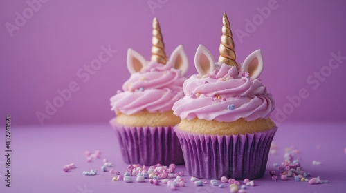 Whimsical Unicorn Cupcakes on Purple Background for Celebration or Party Invitation Generative AI photo