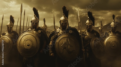 Armored warriors, shields, spears, ominous sky.