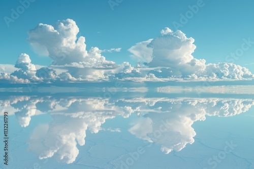 Mirror reflection of sky and clouds in Bolivias Salt Flats. photo