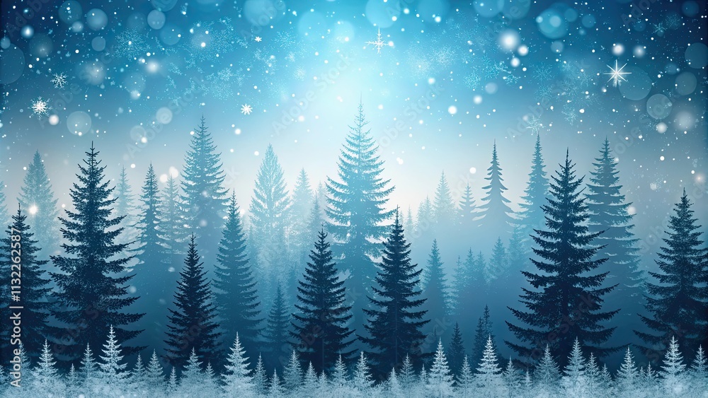 Obraz premium Abstract winter template with spruce forest silhouette and falling snow , winter, abstract, template, spruce, forest, silhouette