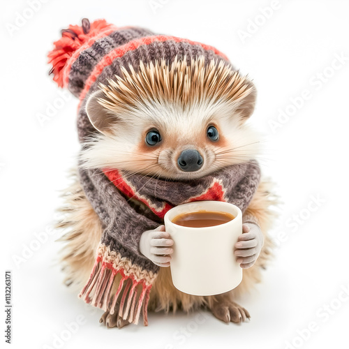 Cute hedgehog with a cup of hot tea isolated on white background photo