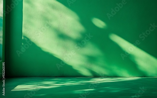 Sunlight casts shadows on a green wall and floor.