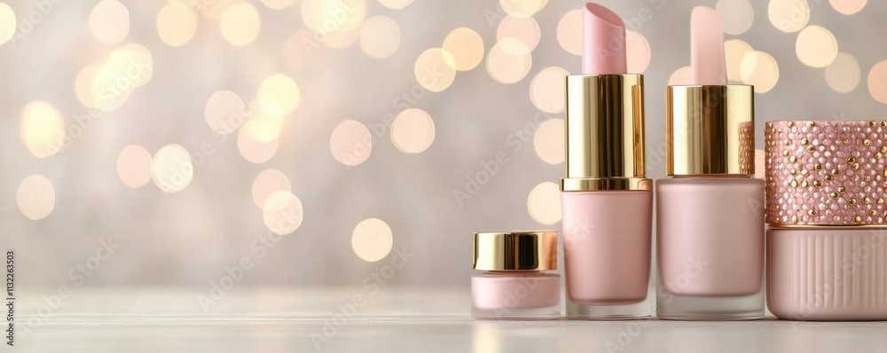 Elegant pink and gold cosmetic containers arranged on a light surface with bokeh lights in the background Elegant pink and gold cosmetic containers arranged on a light surface with bokeh lights in the background
