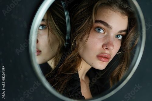 Fashion studio portrait of woman and mirrors on black background