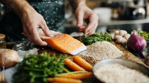 Eco-friendly Nordic meal prep featuring whole grains, root vegetables, and fish photo