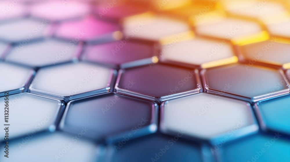 Fototapeta premium Macro shot of reflective hexagonal shapes with a gradient of pink, blue, and orange hues.