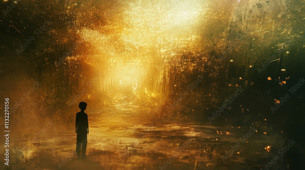 Fototapeta premium Silhouette child, glowing path, mysterious golden landscape.