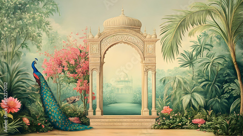 A Peacock Stands in a Lush Garden with a Ornate Archway Leading to a Distant Palace Illustration