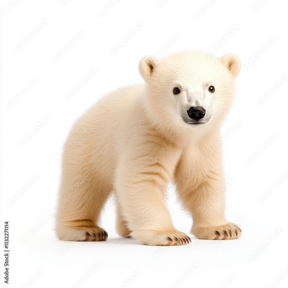 Fototapeta premium Adorable Young Polar Bear Standing on White Background with Soft Fur and Innocent Expression, Symbolizing Wildlife Conservation and Environmental Awareness