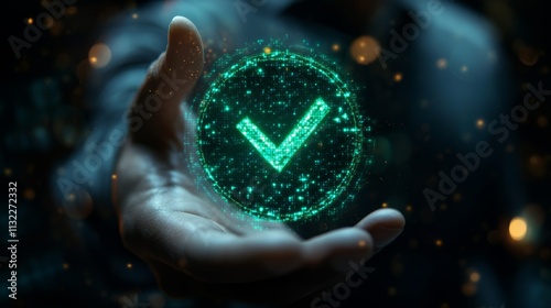 Businessman Holding Green Check Mark Hologram for Compliance and Certification Concepts Generative AI photo