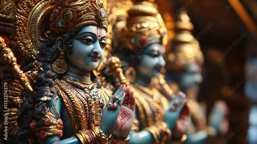 Fototapeta premium Vishnu is the god of Preservation, the great maintainer who often appears in various incarnations avatara to provide salvation for humanity Some of his best-known avatars who are tremendously pop. AI 