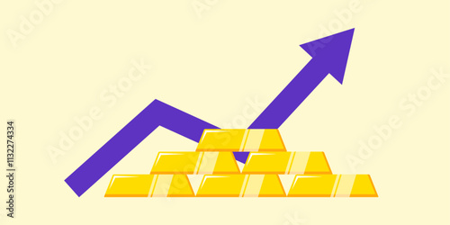 Illustration of gold bars and purple arrows rising on a light background, symbolizing financial success, investment growth and wealth accumulation.