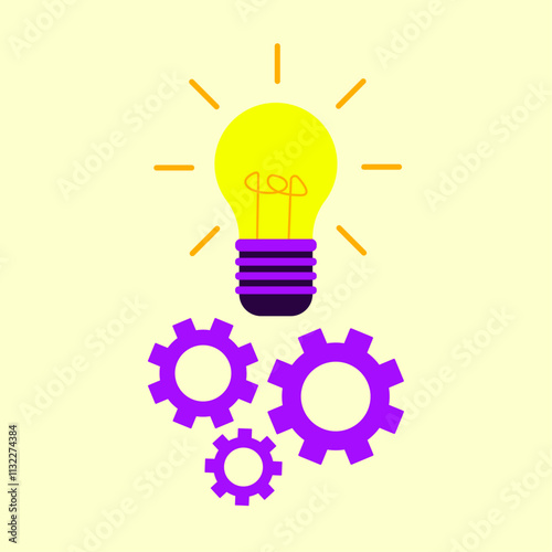 A glowing light bulb surrounded by interlocking gears, symbolizing teamwork, creativity, and innovation processes in technology, engineering, and business solutions.