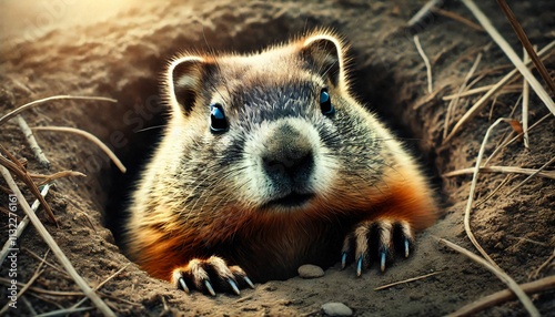 Groundhog Day. The groundhog climbed out of his hole to see his shadow.