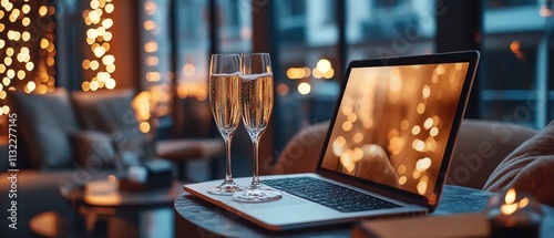 Laptop and champagne glasses in a remote corporate party setup, festive mood, modern tech, clean lines, warm lighting, sophisticated virtual celebration ambiance photo