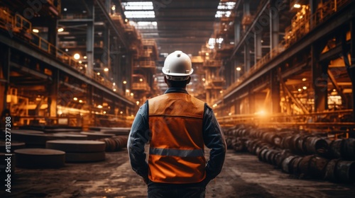 Industrial Worker Surveys Massive Factory Production Facility