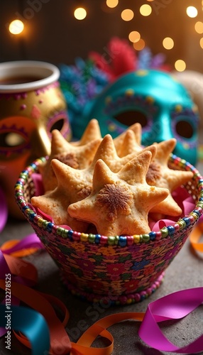 Joyful Purim scene with Hamantaschen cookies in colorful basket, masks and ribbons, cheerful lighting photo