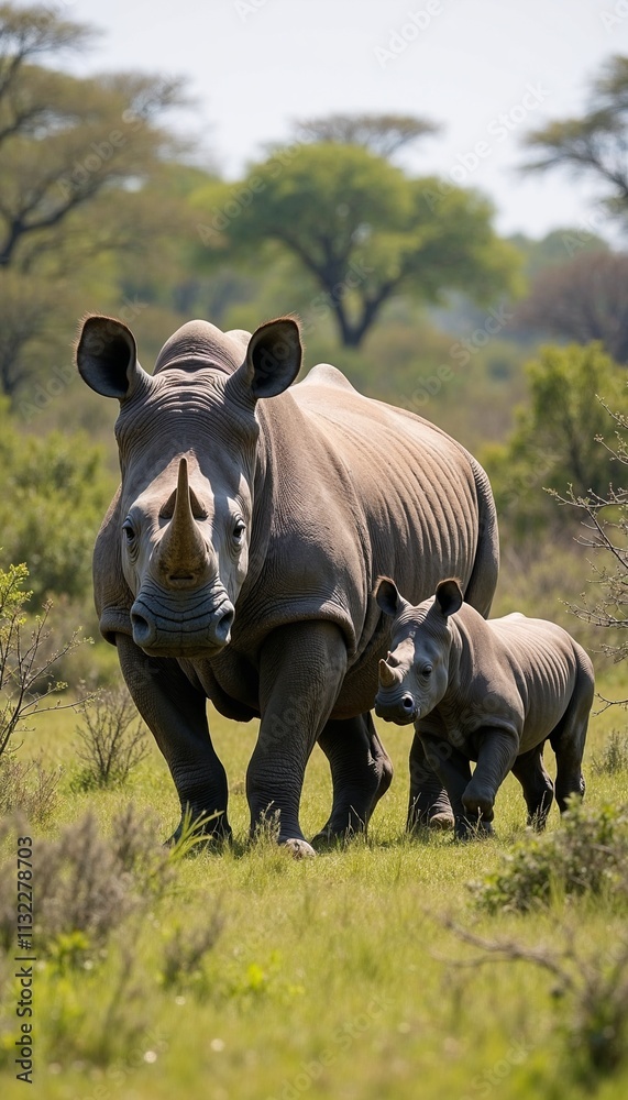 Fototapeta premium Mother rhinoceros and calf in lush grassland, textured skin, sunlight highlighting, wild shrubs backdrop
