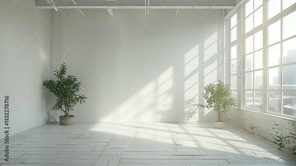 Fototapeta premium Sunlit Minimalist Room with Plants and Large Windows