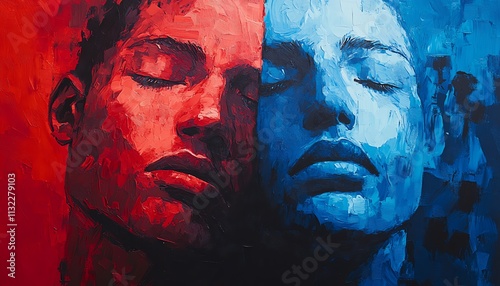 Red and blue faces representing political conflict, vivid colors, sharp contrasts, abstract style, conceptual art, bold expressions, tensionfilled atmosphere photo