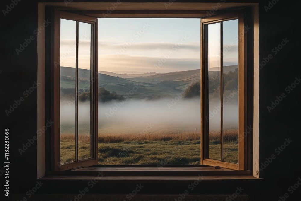 Fototapeta premium Foggy valley sunrise viewed through open window.