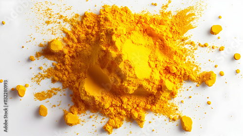 A Pile of Bright Yellow Powder Spilled on a White Surface, Creating a Vibrant and Textural Abstract Background photo