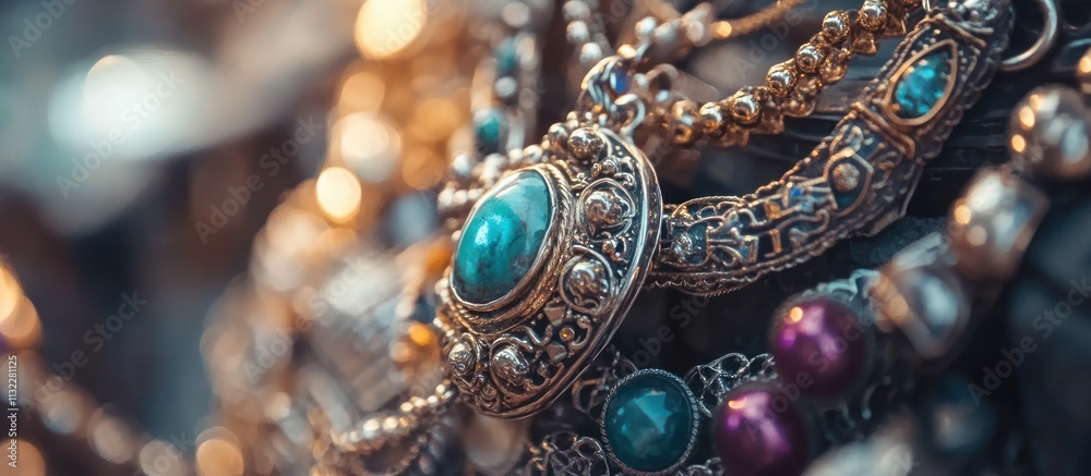Detailed shot of secondhand jewelry, silver and gemstones, soft background blur Detailed shot of secondhand jewelry, silver and gemstones, soft background blur