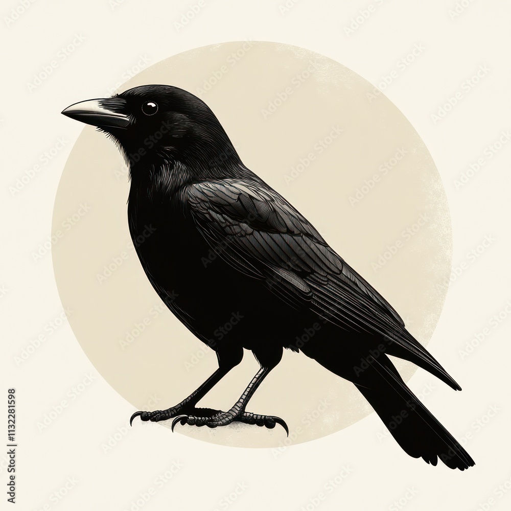 Fototapeta premium Black crow illustration on beige circle background.