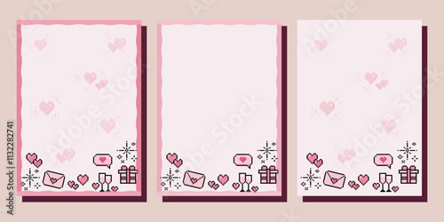 Valentine love notes and letters concept print template. Pastel flat illustration in 8bit pixel style. For letter, scrapbooking, invitation, greeting card. A4 format