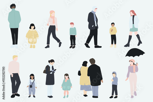 flat minimal people male and female vector illustration in winter clothing concept isolated set collection. For architecture rendering, graphic design, info graphic, media