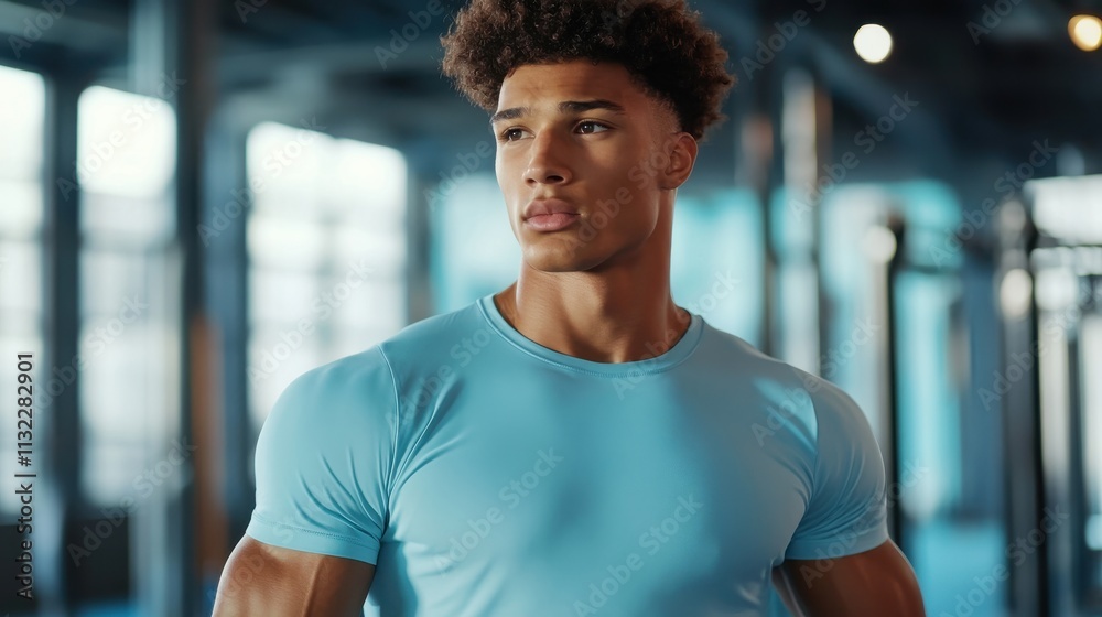 Fototapeta premium A male model in light blue t-shirt, energetic gym environment