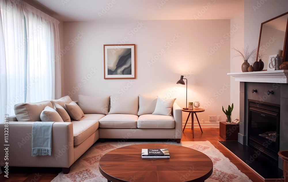 Cozy living room interior with warm lighting and modern furniture Cozy living room interior with warm lighting and modern furniture