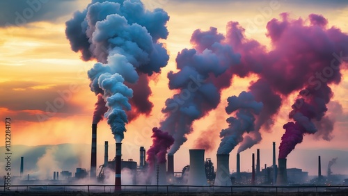 A silhouetted industrial complex against a dramatic sky, photo