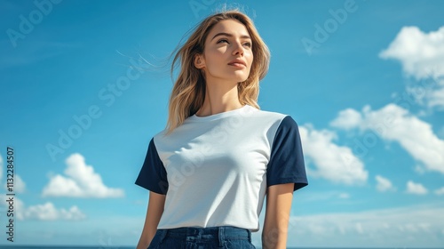 model showcasing a stylish t-shirt mockup, woman in navy and white t-shirt, coastal seaside vibe photo