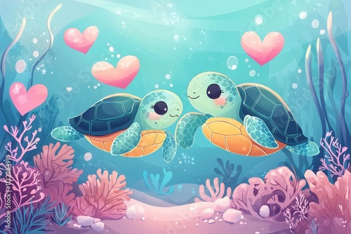 Two adorable sea turtles swim together among colorful coral, surrounded by hearts, symbolizing love and connection in the ocean. photo