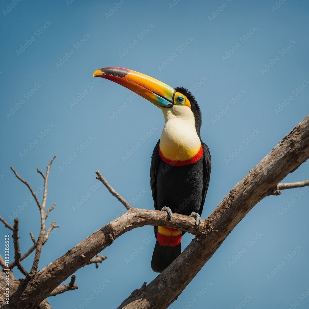 Obraz premium A toucan with its colorful beak against a blue sky.