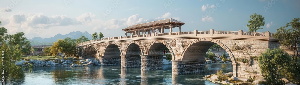 Obraz premium Cross bridge ancient theme 3D render triadic color scheme