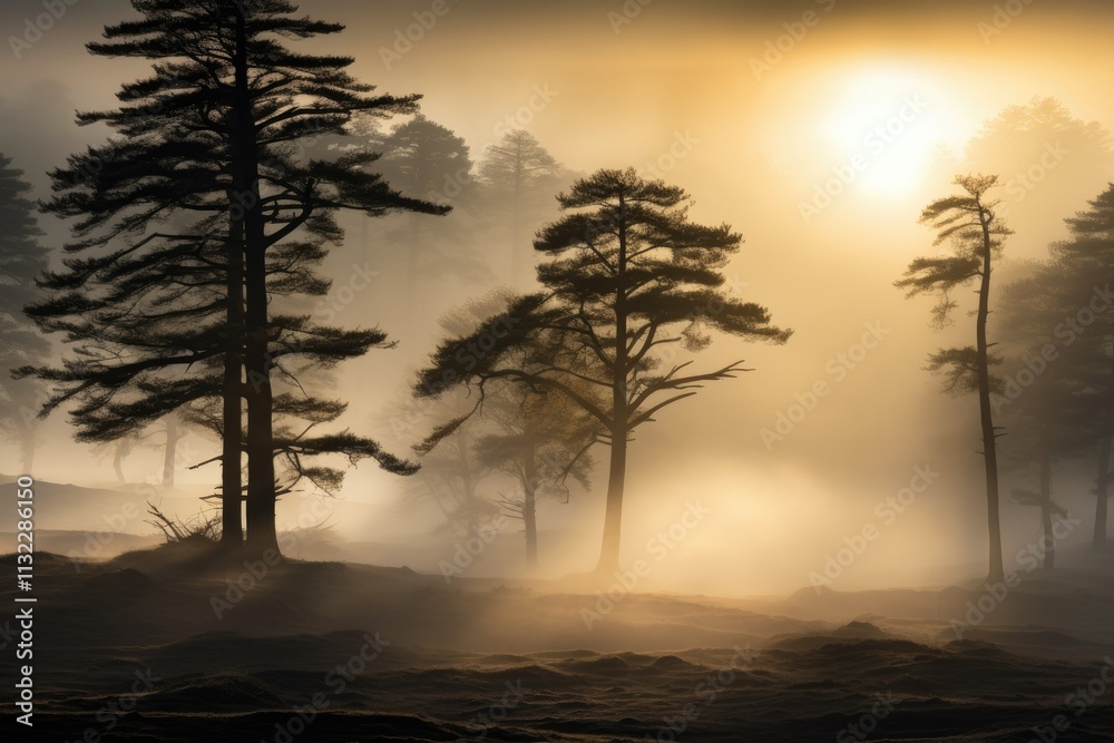 Fototapeta premium The Misty Silhouette of Trees Ascending from the Ethereal Fog Creating an Enigmatic and Otherworldly Atmosphere