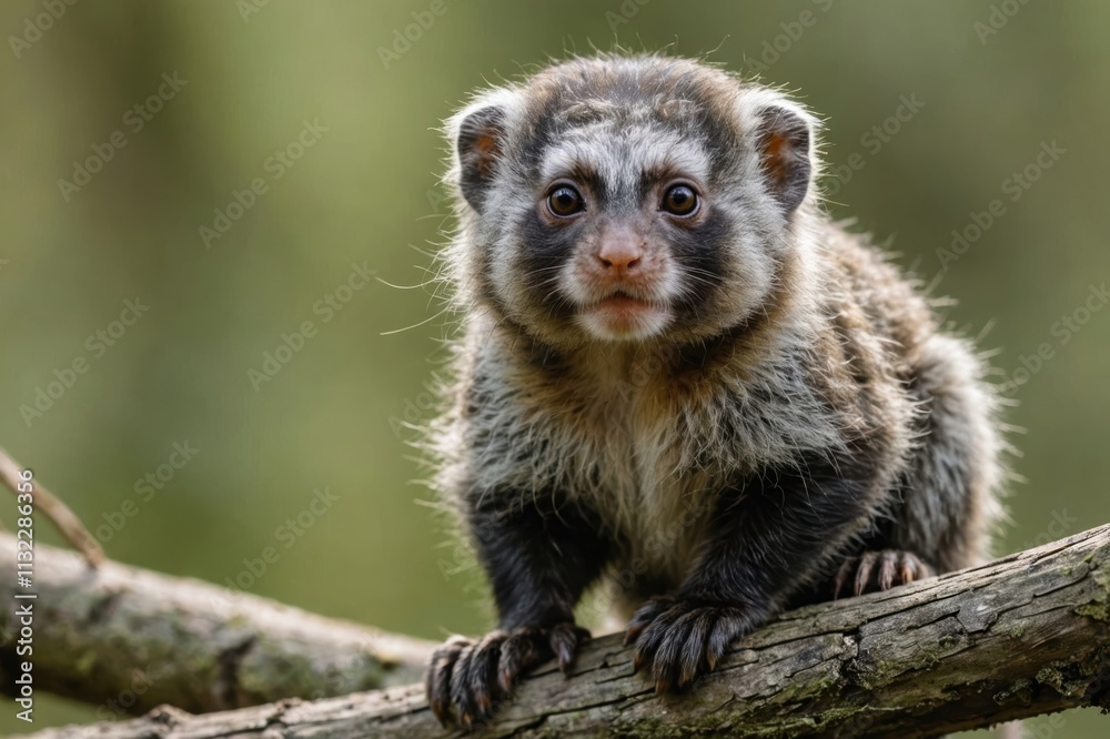 Obraz premium Close view of Common Marmoset cub against natural environment blurred background.