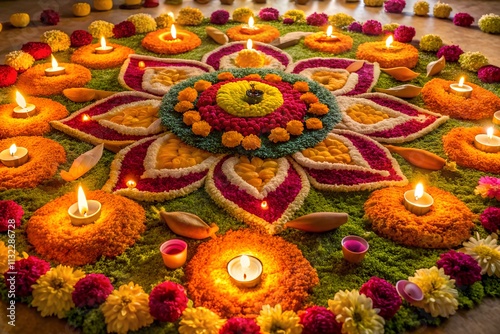 Stunning rangoli featuring bright yellow and orange flowers, intricate green designs, and glowing diya lights. A symbol of Indian festive traditions and cultural beauty. photo