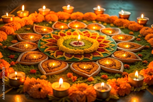 A vibrant rangoli made with marigold flowers, colorful petals, and oil lamps. The symmetrical design showcases bright yellows, reds, and greens, perfect for festive occasions. photo