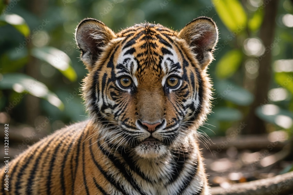 Fototapeta premium Close view of Malayan Tiger cub against natural environment blurred background.