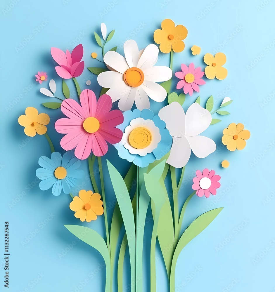 3D paper-cut spring flowers bouquet, flat lay, top view. Colorful, cartoon-style, simple background, flat illustration, flat design.